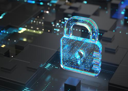 Consultoría en seguridad de la información, imagen de un candado digital brillante sobre un fondo tecnológico.